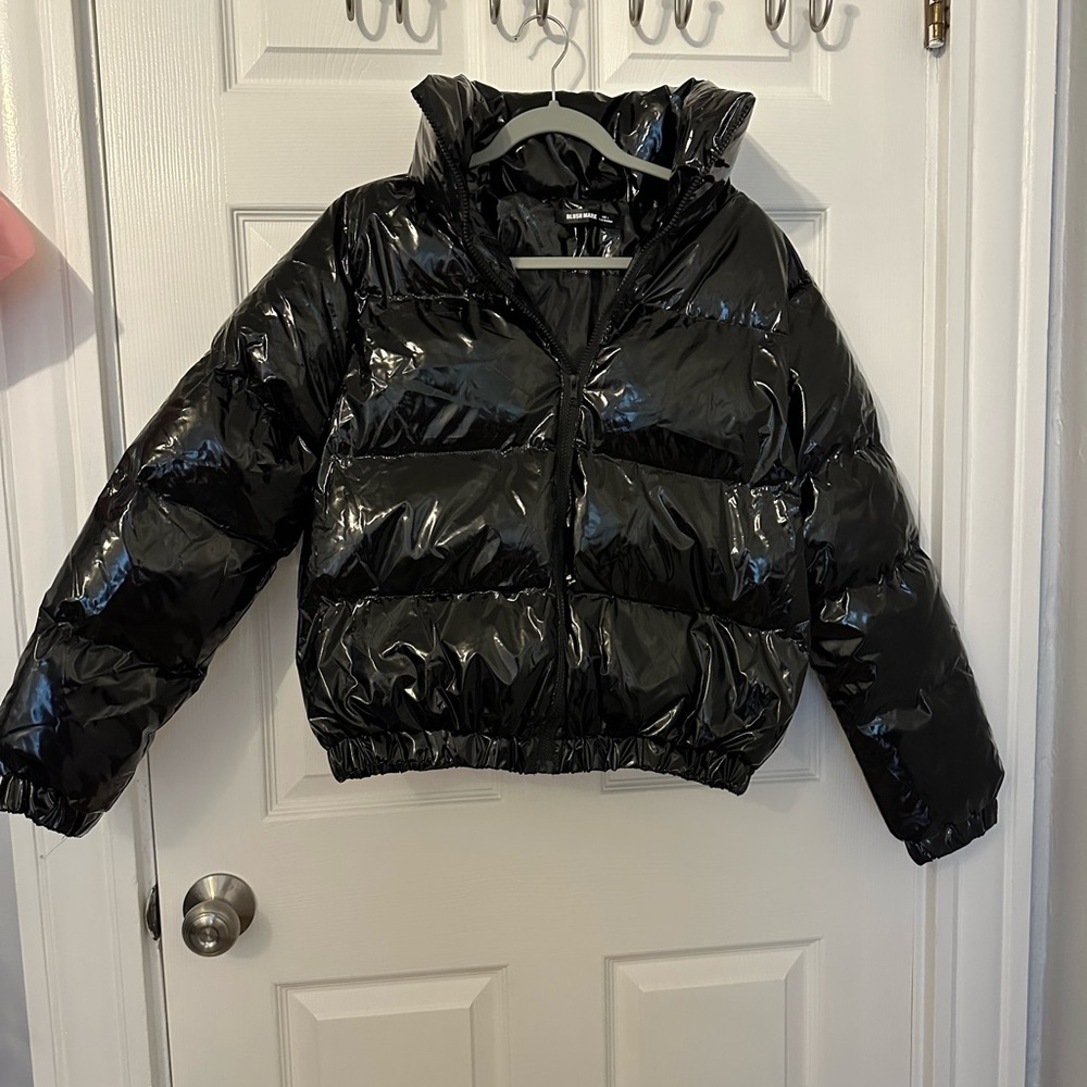Blush Mark High Shine Shiny Glossy Puffer Bomber Full Zip Jacket Black Women's